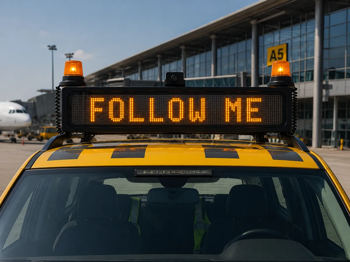Programmable LED Follow Me guidance board with rotating beacons on an airside marshalling vehicle — photo 1