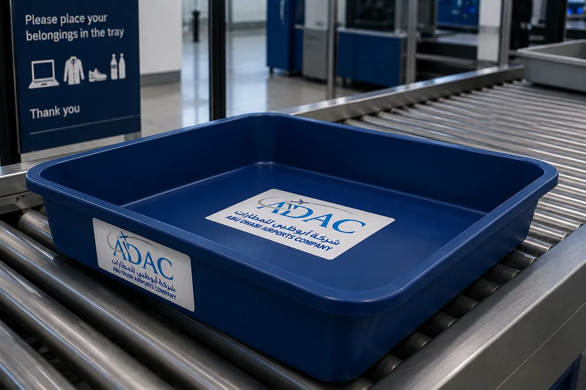 ADAC-branded airport security screening tray on a roller belt with passenger instructions — photo 2