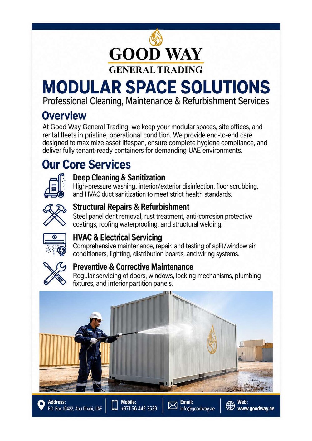 Service profile page 1 — Modular Space Solutions overview and core services: deep cleaning and sanitization, structural repairs and refurbishment, HVAC and electrical servicing, preventive and corrective maintenance.