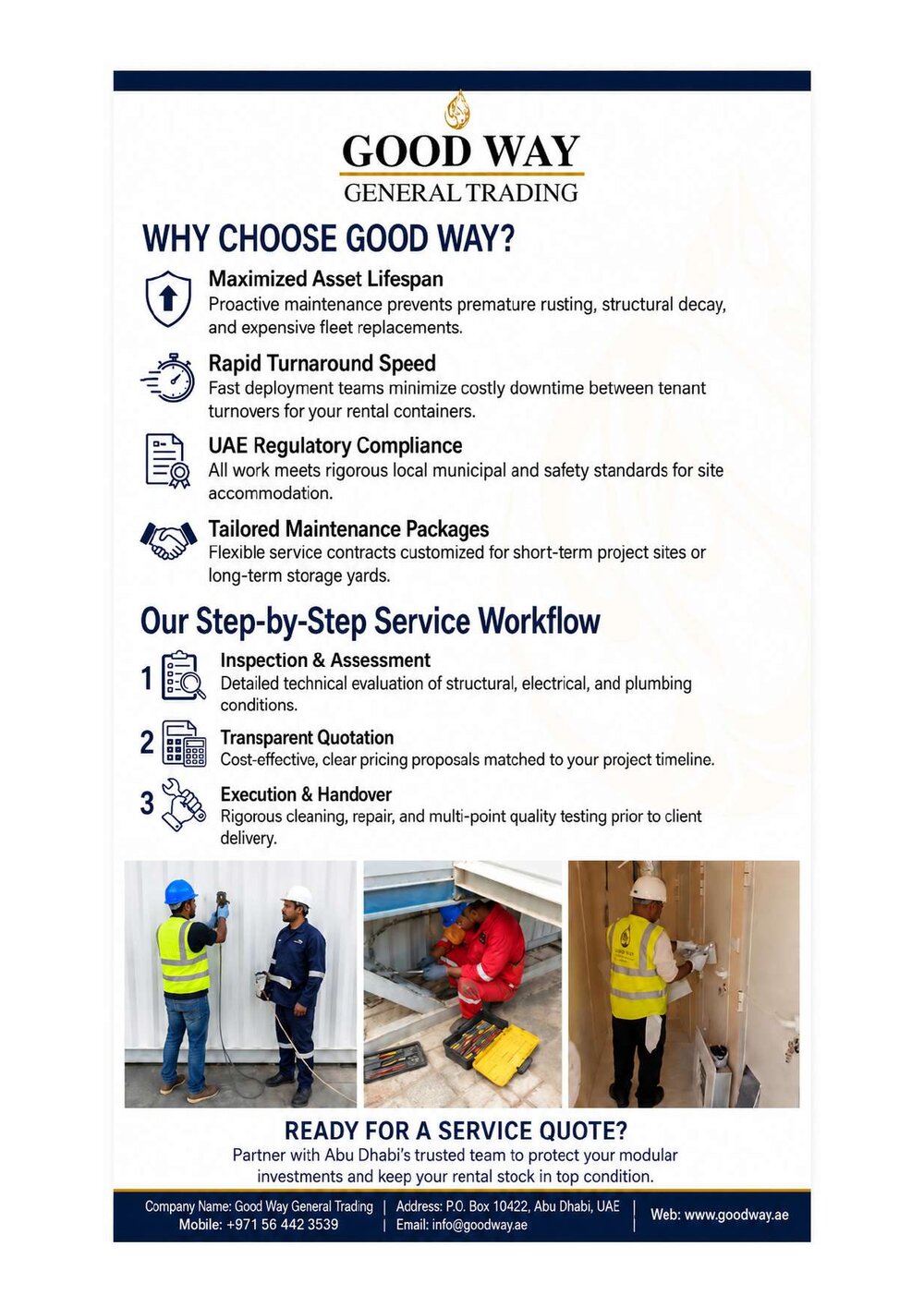 Service profile page 2 — why choose Good Way, and the three-step service workflow: inspection and assessment, transparent quotation, execution and handover.