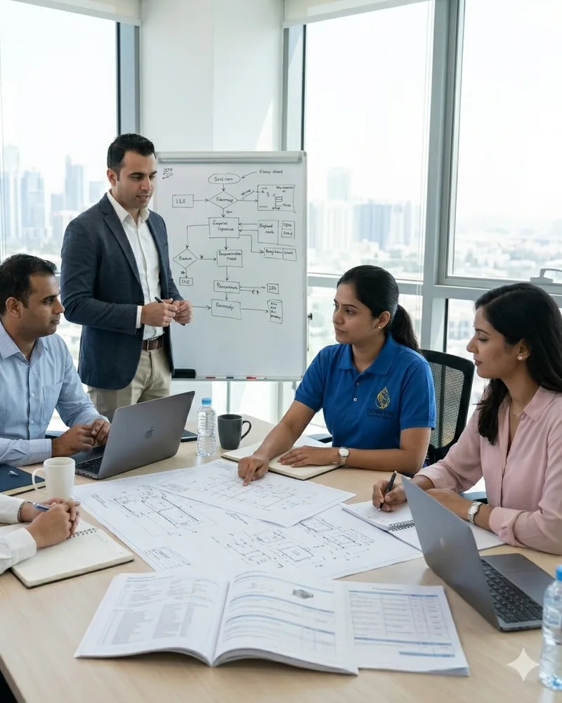 Goodway team reviewing project drawings with an Abu Dhabi skyline behind them